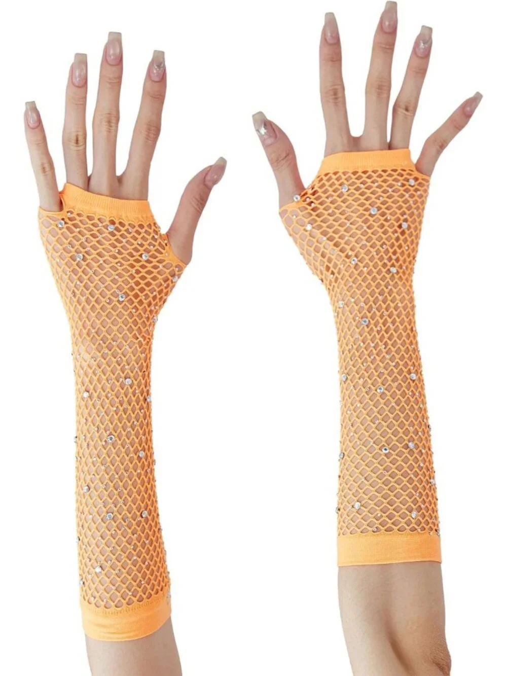 Women's Orange Rhinestone Fishnet Fingerless Gloves 80s Emo Scene Arm Cuffs